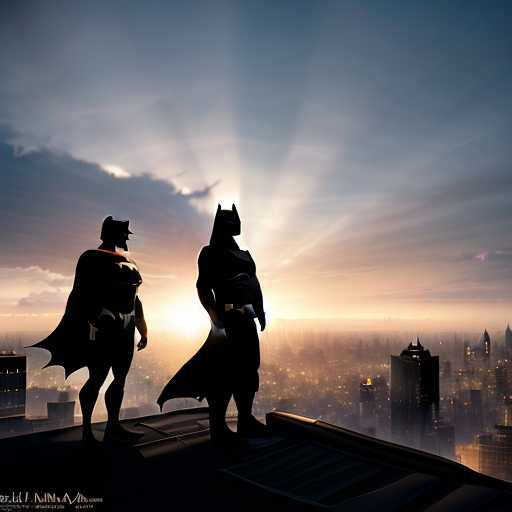 The first rays of morning light cast an ethereal glow on Gotham as Superman takes flight, his silhouette against the sunrise, while Batman stands in quiet affirmation on the rooftop, their wordless farewell echoing a promise of a formidable alliance.